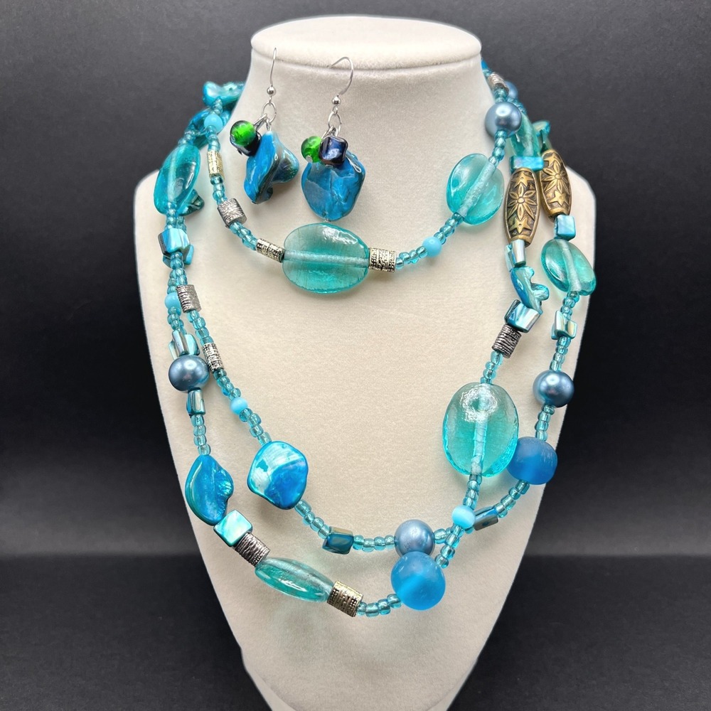 Boho Sea Glass Necklace Earrings Set Blue Teal Beaded MOP Shell Coastal Mermaid